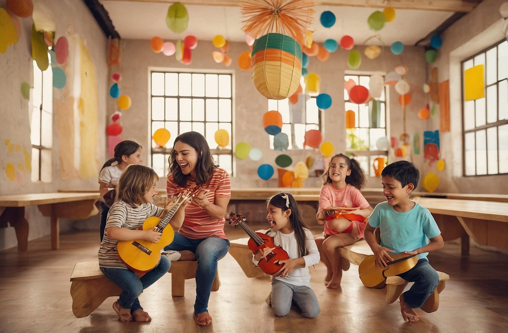 Niños tocando ukelele de manera divertida.