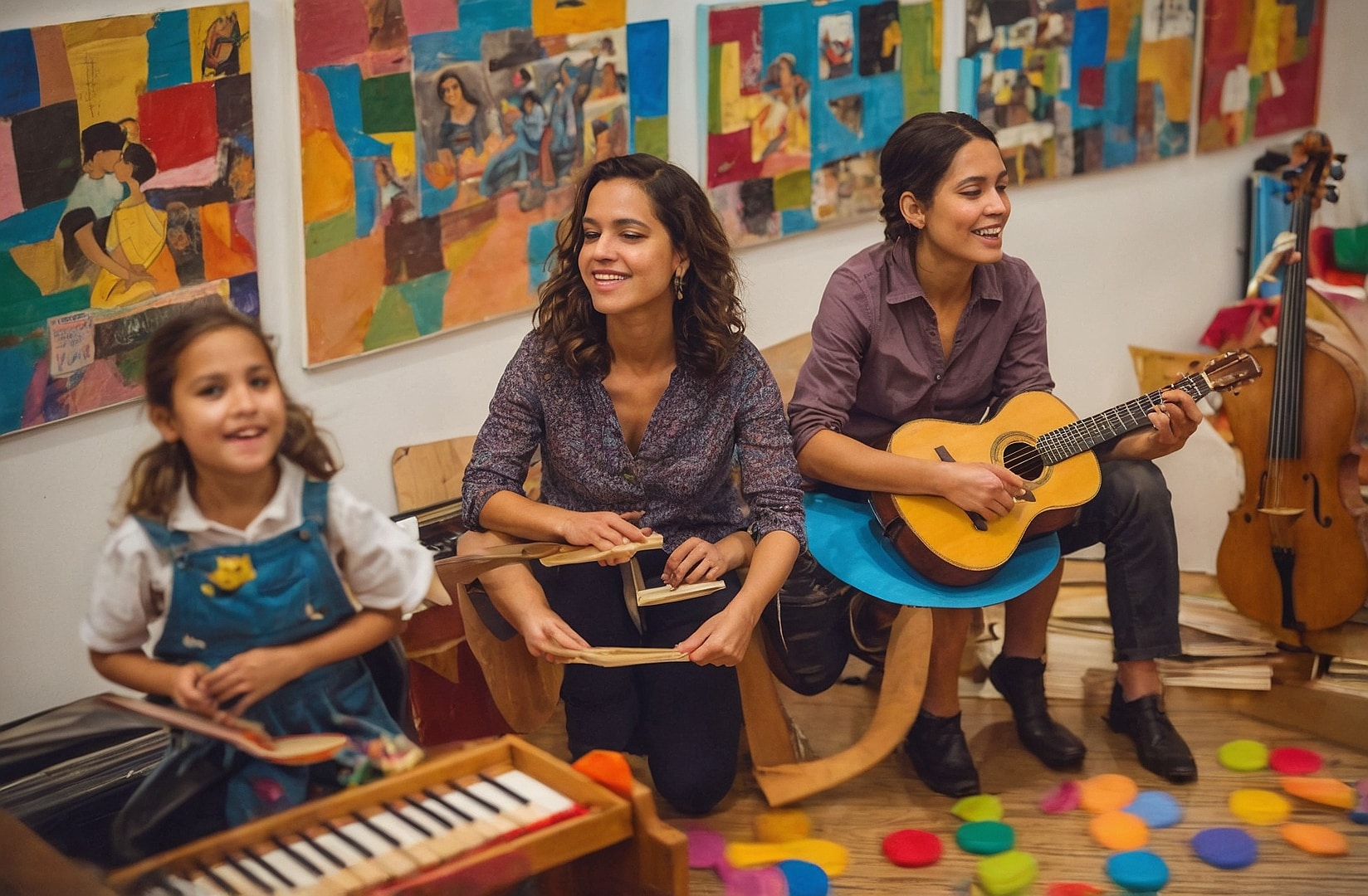 Personas de todas las edades tocando música.